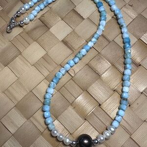 Larimar Necklace AA 4mm Faceted Cube 11mm Chocolate Edison Vintage White Pearls